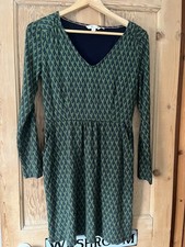 BODEN Green Patterned V Neck Tunic Dress Size 14P Pockets Cotton jersey 