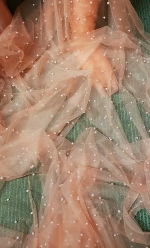 Peach pearl tulle fabric - ,