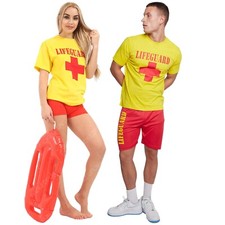  Adult Lifeguard Costume Yellow Shirt & Red Shorts Fancy Dress Baywatch Style