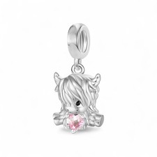 Pink heart highland cow S925 Sterling Silver Charm for Women