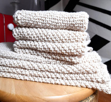 2 dish cloths Hand knitted Unbleached Fine knit 100% cotton 19cm square app New