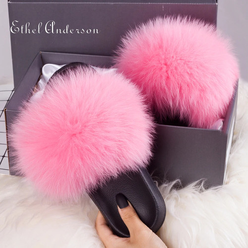 Real fox fur slippers slides - fox,