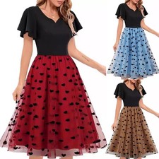 Women's Mesh Hearts V Neck Vintage 1940s Evening Party Skater Dress Dresses SIZE
