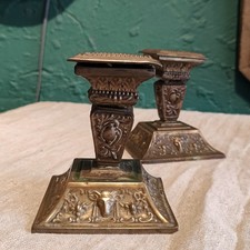 Pair Rams Head Arts & Crafts Brass Antique Table Lamps Candle Sticks 2x