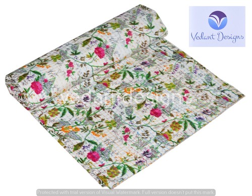 White bed runner kantha quilt - white,