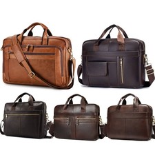 Vintage Men Laptop Briefcase Genuine Leather Business Travel Work Shoulder Bag
