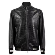 Men's Black Real Leather Crocodile Embossed Jacket Biker Alligator Print Jacket