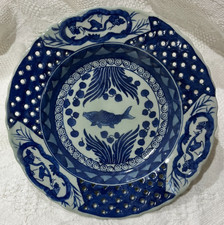 Antique Blue & White Celadon Chinese Porcelain Plate. Reticulated Lattice 