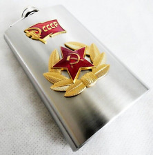 Russian Stainless Steel Hip Flask with Metal USSR Badges  6 Oz 170 ml New