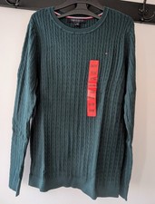 Tommy Hilfiger Thin Cable Knit Sweater Malachite Green Cotton Size M Ladies New