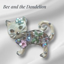 Cream Enamel Crystal Rhinestone Cat / Kitten Brooch