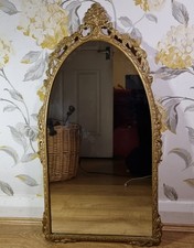 Vintage Gilt Metal Arched Framed Mirrror Ornate Rococo Hollywood Regency Style
