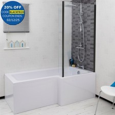 Bathroom L Shaped Bath Black Shower Screen Right Hand Front Panel White 1700mm