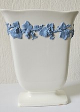 Wedgwood Vase Etruria Queensware Plain Edge Blue Cream Pedestal  8" Note STAIN