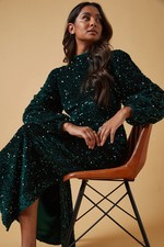 Oasis Womens Fit Flare Dress Green Long Sleeve Sequin Woven Midi