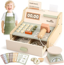 Wooden Till Toys for Kids Cash Register with Scanner Play Money Apron Weighing S