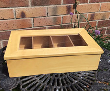 Wooden Storage Box with 4 Divisions & Clear Hinged Lid 33.5x20x9.5cm Pens etc