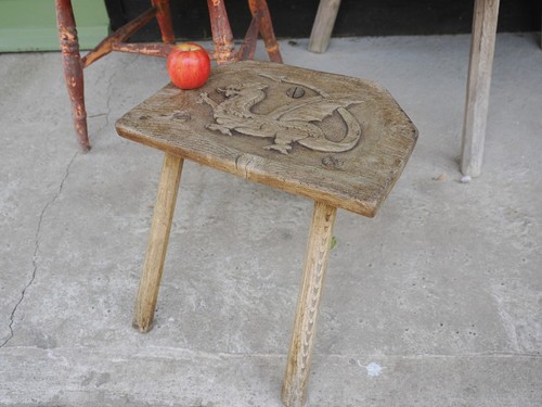 Welsh elm stool with carved - stool,