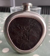Heart-shaped Metal Hip Flask Embossed Stag Design On Faux/Real Leather 4” x 3.5”