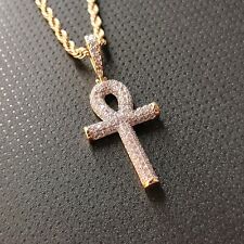 Egyptian Ankh Cross Pendant Key Of Life 24" Rope Chain Link 18K Gold Layered