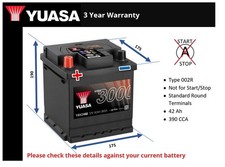 Battery fits MICROCAR VIRGO 99 to 04 Yuasa 002R 390A 42Ah 3Yr Warranty Quality