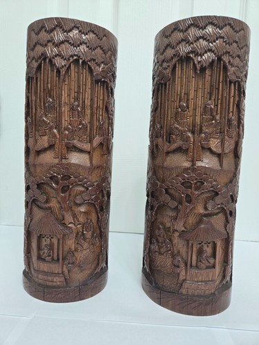 Pair chinese carved bamboo - carved,