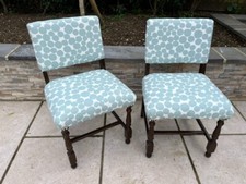 TWO Vintage padded dining chairs. New upholstery in spotty linen- solid, comfy!