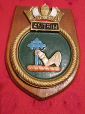Nice Heavy Vintage Wall Plaque For HMS Antrim On Solid Wood Mount