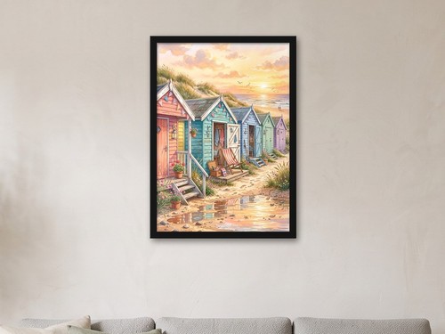 Sunset beach huts - sunset, watercolour