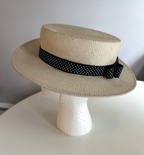 Vintage straw boater hat navy - straw,