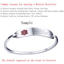 UK Silver Adult Women Stainless Steel Medical Alert ID Bracelet Bangle Engraving