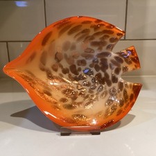 Italian Art Glass (Murano?)- Fish Shaped Bowl - Dish -Orange & Gold (Aventurine)