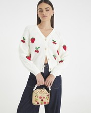 River Island Womens Cardigan Cream Knitted Embroidered Strawberry V-Neck Top