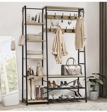 Coat Rack Stand with Shoe Storage Industrial Hall Tree 9 Hooks 5 Shelves – Oak