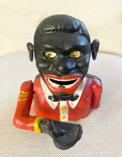Vintage Cast Iron Mechanical Coin Bank, Jolly Old Man Money Box, Black / Red
