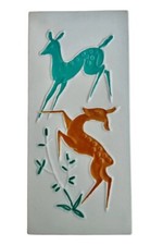 Vintage Flora Gouda Holland Deer Wall Art Pottery Plaque Rare 50s 60s Blue