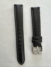 Watch Strap Black 16mm : Leather : Silver Buckle : White Stitching: Brand New