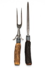 Antique Stag Antler Carving Fork & Steel, Sterling Silver Ferrules c.1890–1915