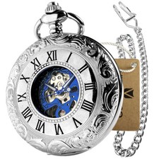 Vintage Double Hunter Mechanical Fob Pocket Watch with Steel Chain Roman Numeral