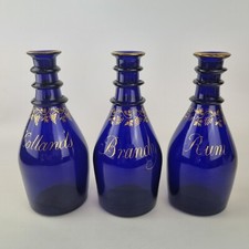 Antique Set Of 3 Regency Bristol Blue Glass Decanters Ring Neck Gilt Decoration