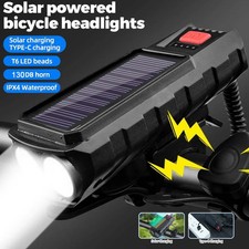 Solar Powered&USB Rechargeable Super Bright LED Bike Headlight+Horn Kits UK