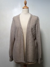 Vintage cardigan XL ivory, beige, brown stripe, gold acrylic lurex