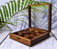 Wooden Spice Box with Glass Lid – 9-Compartment Masala Dabba Organizer with S