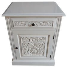 Carved  Bedside Locker | Table | Antique White | Drawer & Cupboard NEW BS048