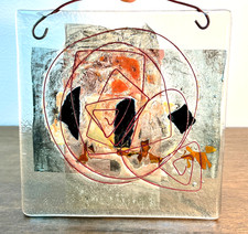 Vintage Abstract Fused Glass Art Panel Hanging — Modernist Studio Glass 20cm