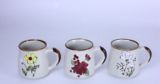 X 3 Vintage Stoneware Mugs Hand Painted Rare Rustic Floral Article