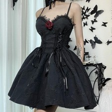 Party Lace up Black Mini Dress Halloween Sizes Womens Gothic Lolita Strappy Rose