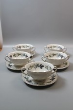 Set of 5 Royal Doulton Burgundy (TC1001) Double Handled Soup Bowls and Saucers