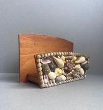 Vintage Shell Desk Organiser• Wooden Folk Art Letter rack • Seashell desk ti