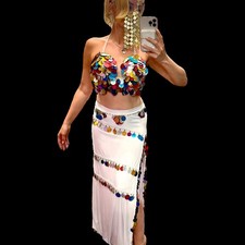 Professional performance white Belly Dance Costume: Handmade Sequins Show Outfit